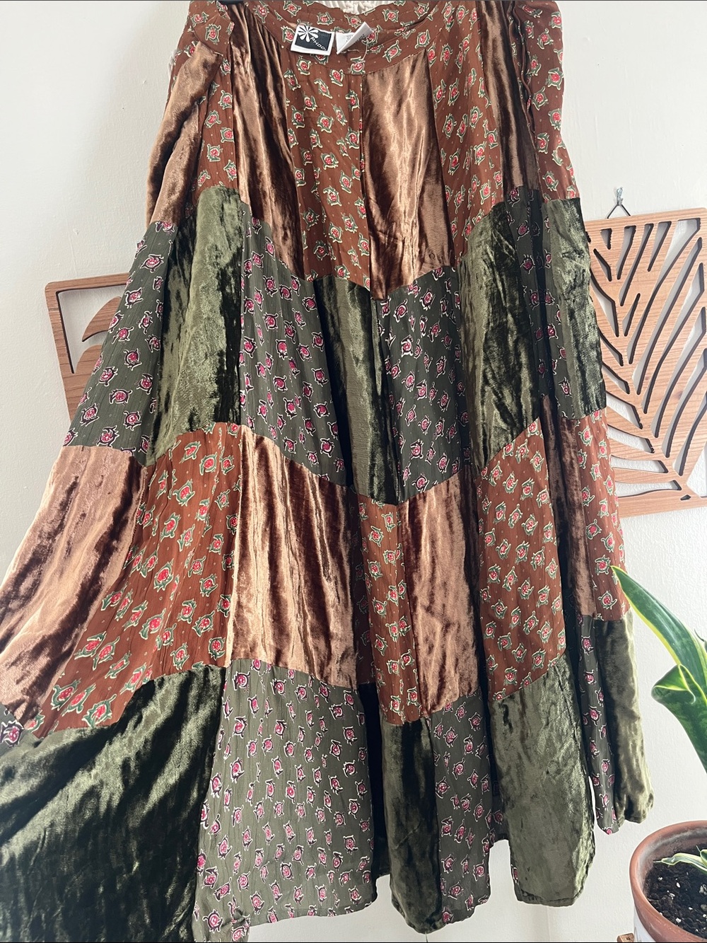 Vintage Phool Bohemian Patchwork Maxi Skirt Green and Brown 2XL - Picture 2 of 6